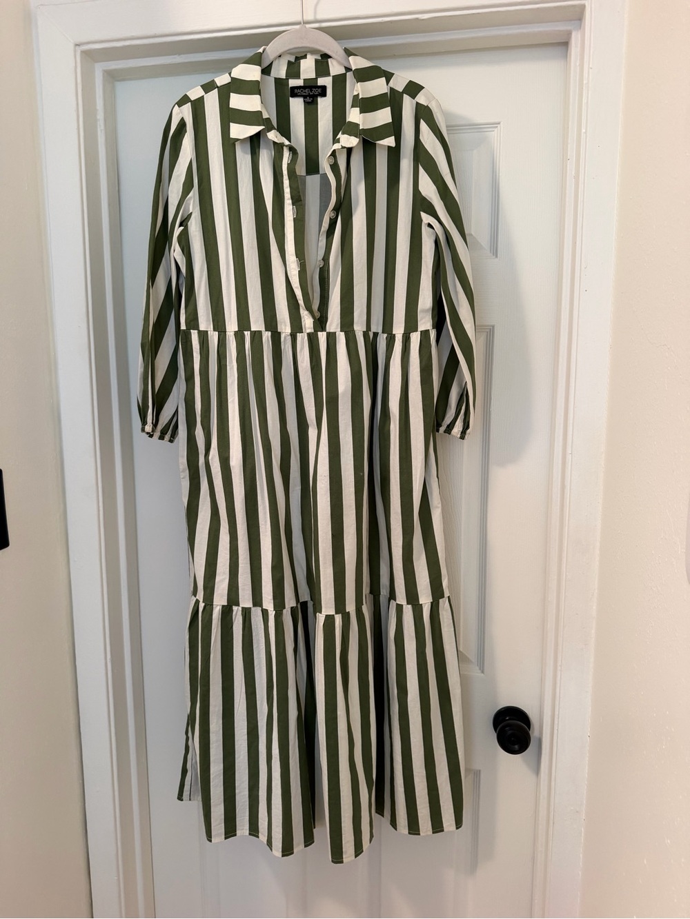Rachel Zoe Olive and White Striped Tiered Maxi Shirt Dress